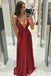 Red Spaghetti Straps V-neck Long Prom Dress, Shiny A Line Party Gown UQP0224