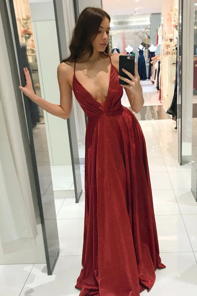 Red Spaghetti Straps V-neck Long Prom Dress, Shiny A Line Party Gown UQP0224