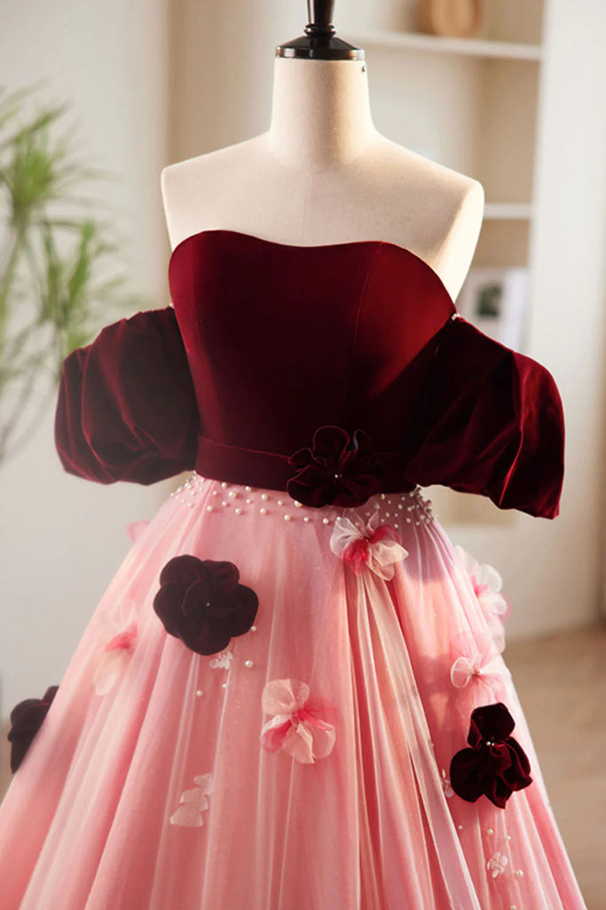 A-Line Pink Tulle Velvet Long Prom Dress, Sweet Burgundy Formal Dress with Flowers UQP0242