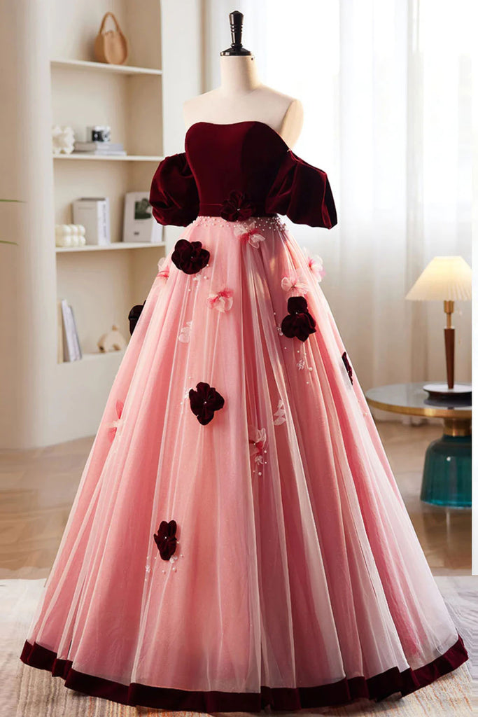 A-Line Pink Tulle Velvet Long Prom Dress, Sweet Burgundy Formal Dress with Flowers UQP0242