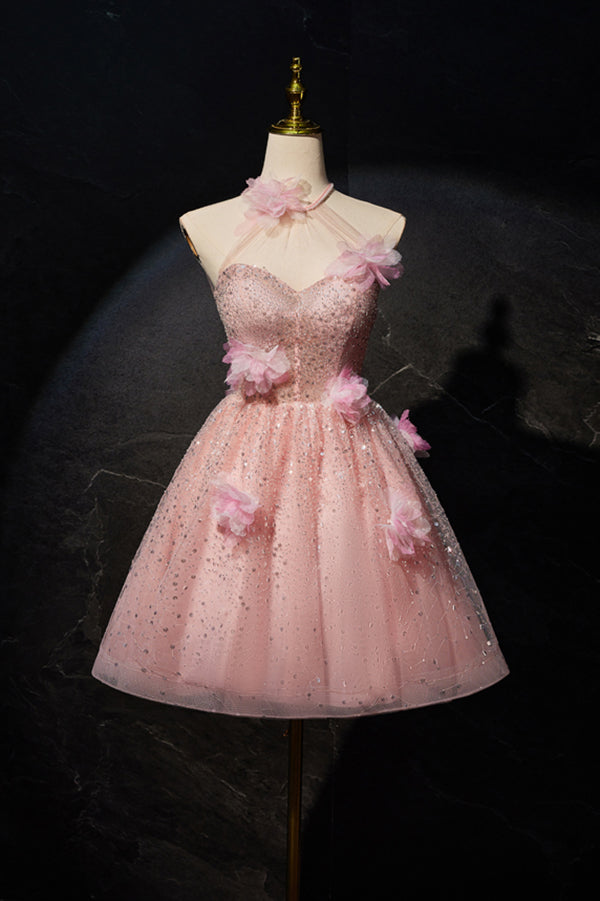 A Line Halter Sequin Short Homecoming Dress with Flowers, Cute Prom Go Uniquedresss A Line Halter Sequin Short Homecoming Dress with Flowers, Cute Prom Go Uniquedresss