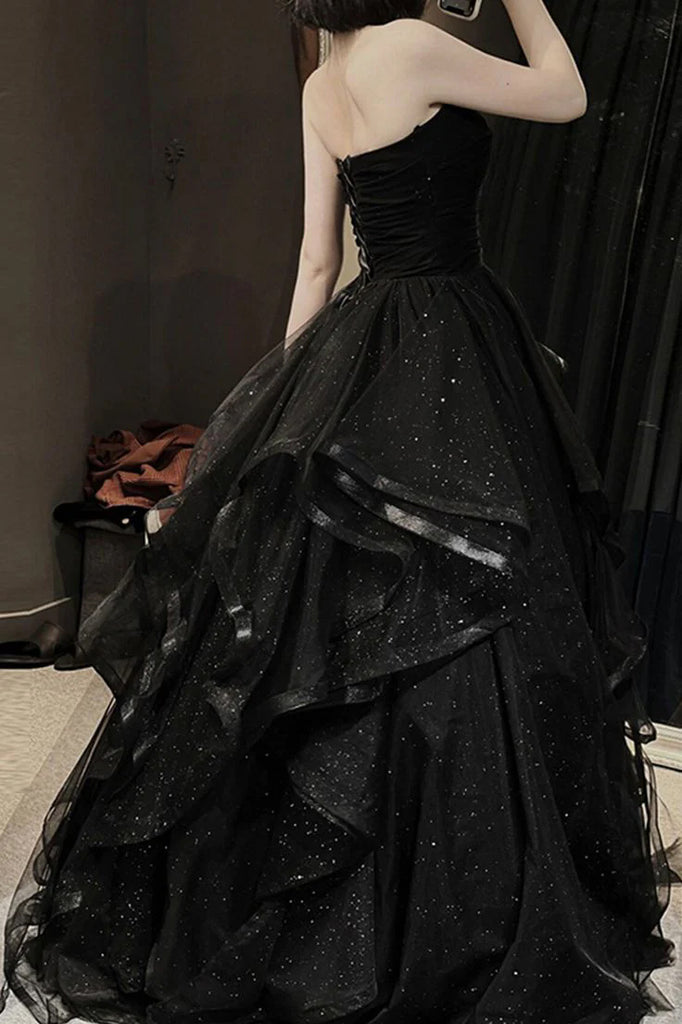 Puffy Strapless Long Prom Dress, Black Sparkly Tulle Formal Gown UQP0343
