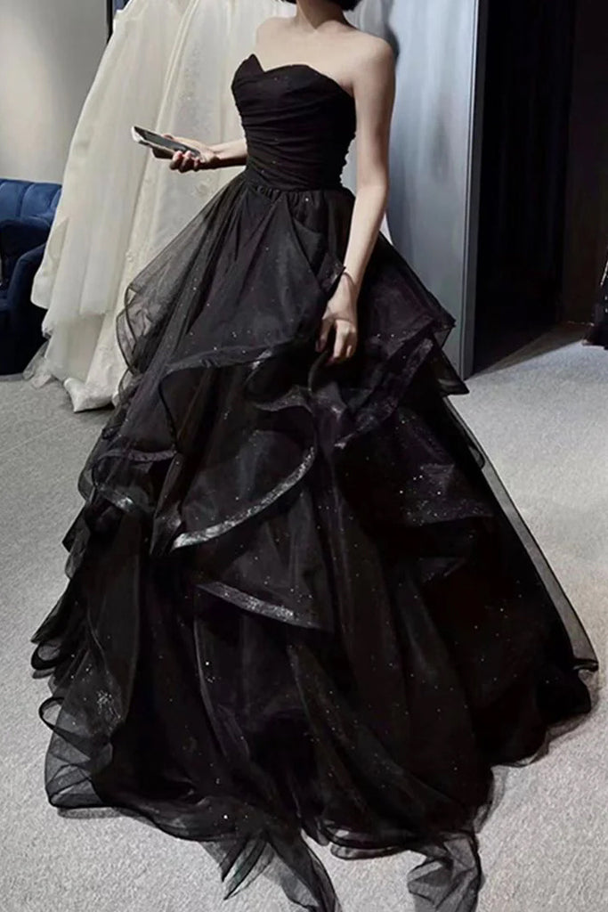 Puffy Strapless Long Prom Dress, Black Sparkly Tulle Formal Gown UQP0343