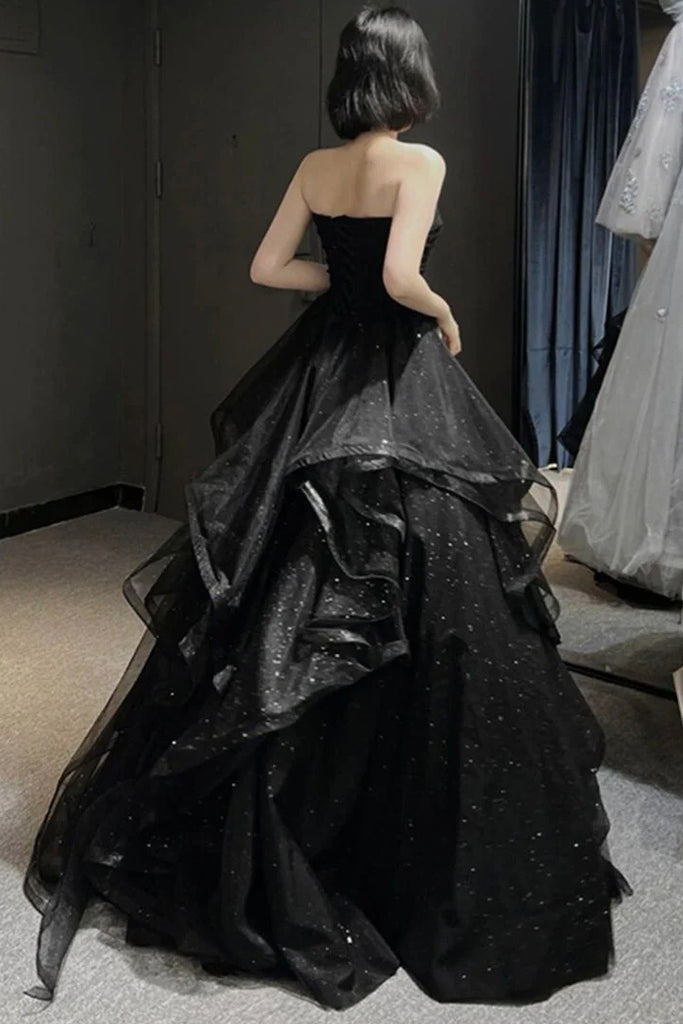 Puffy Strapless Long Prom Dress, Black Sparkly Tulle Formal Gown UQP0343