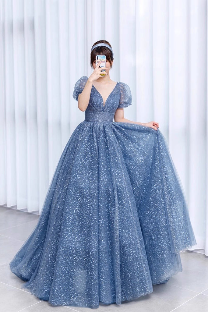 Princess V Neck Blue Long Prom Dress, Sparkly Tulle Quinceanera Dresses UQP0247