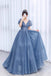 Princess V Neck Blue Long Prom Dress, Sparkly Tulle Quinceanera Dresses UQP0247