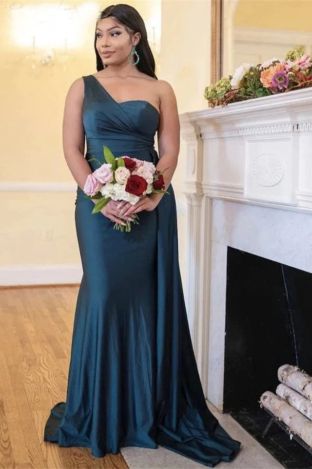 One Shoulder Silk Satin Mermaid Bridesmaid Dresses Long Wedding Party Uniquedresss One Shoulder Silk Satin Mermaid Bridesmaid Dresses Long Wedding Party Uniquedresss