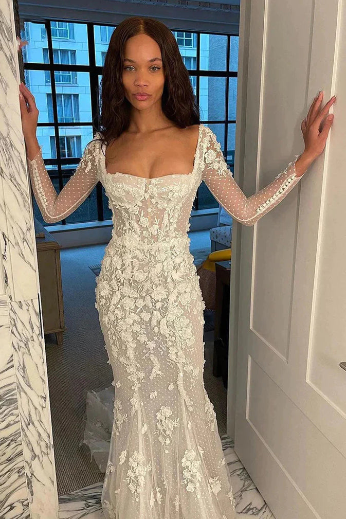 Illusion Mermaid Long Sleeves Square Neck Tulle Appliques Wedding Dres –  Uniquedresss
