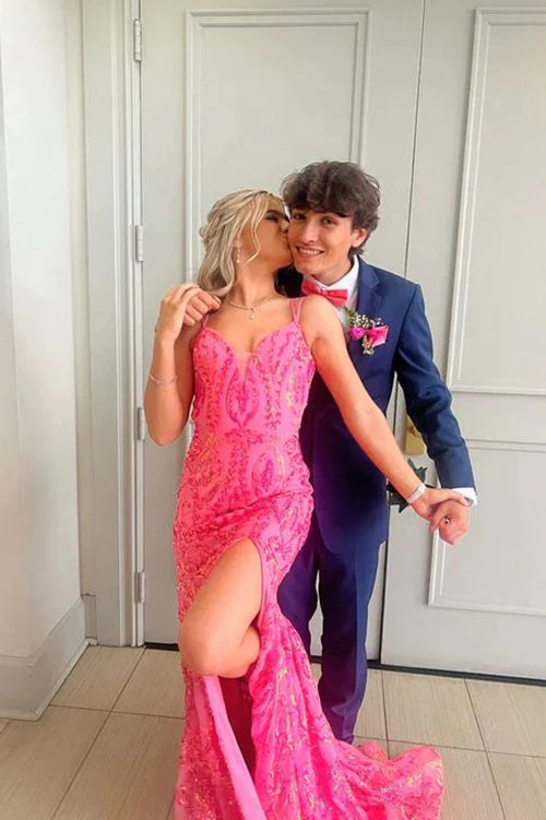Pink Spaghetti Straps Mermaid Long Prom Dress with Slit, Long Formal G Uniquedresss Pink Spaghetti Straps Mermaid Long Prom Dress with Slit, Long Formal G Uniquedresss