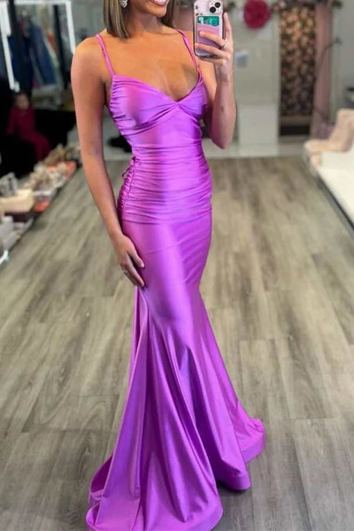 purple trumpet prom dress Stacees 2026 Cowl Neck Prom Dress Lilac Slit Pleats Ships in 48hrs