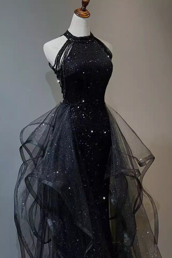 Sparkly Black Sleeveless Sequined Long Prom Dress with Ruffles, Mermaid Evening Gown UQP0313