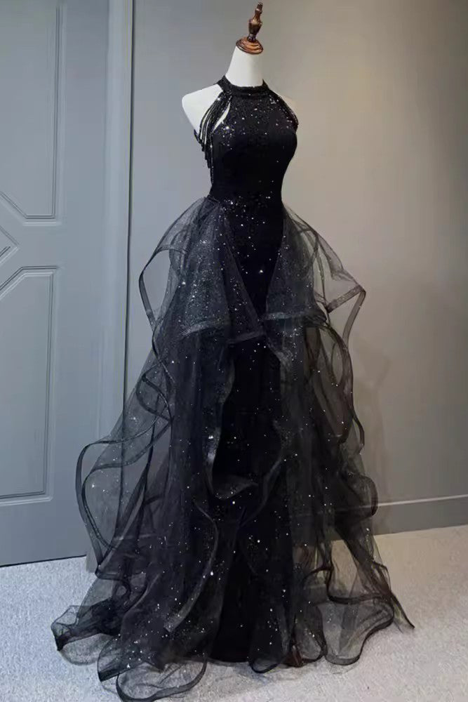 Sparkly Black Sleeveless Sequined Long Prom Dress with Ruffles, Mermaid Evening Gown UQP0313