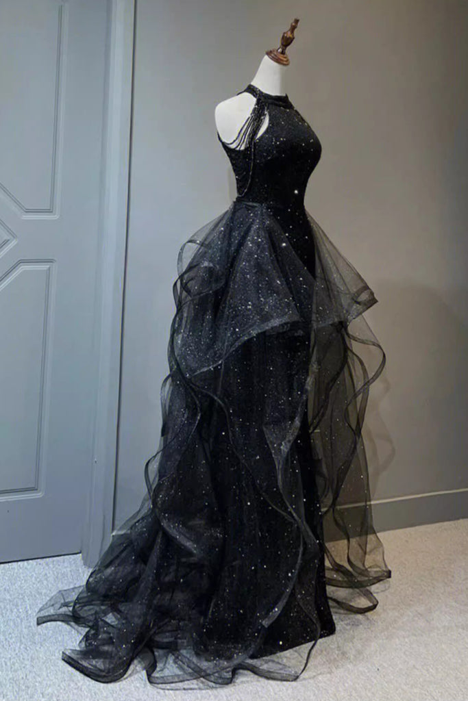 Sparkly Black Sleeveless Sequined Long Prom Dress with Ruffles, Mermaid Evening Gown UQP0313