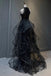 Sparkly Black Sleeveless Sequined Long Prom Dress with Ruffles, Mermaid Evening Gown UQP0313