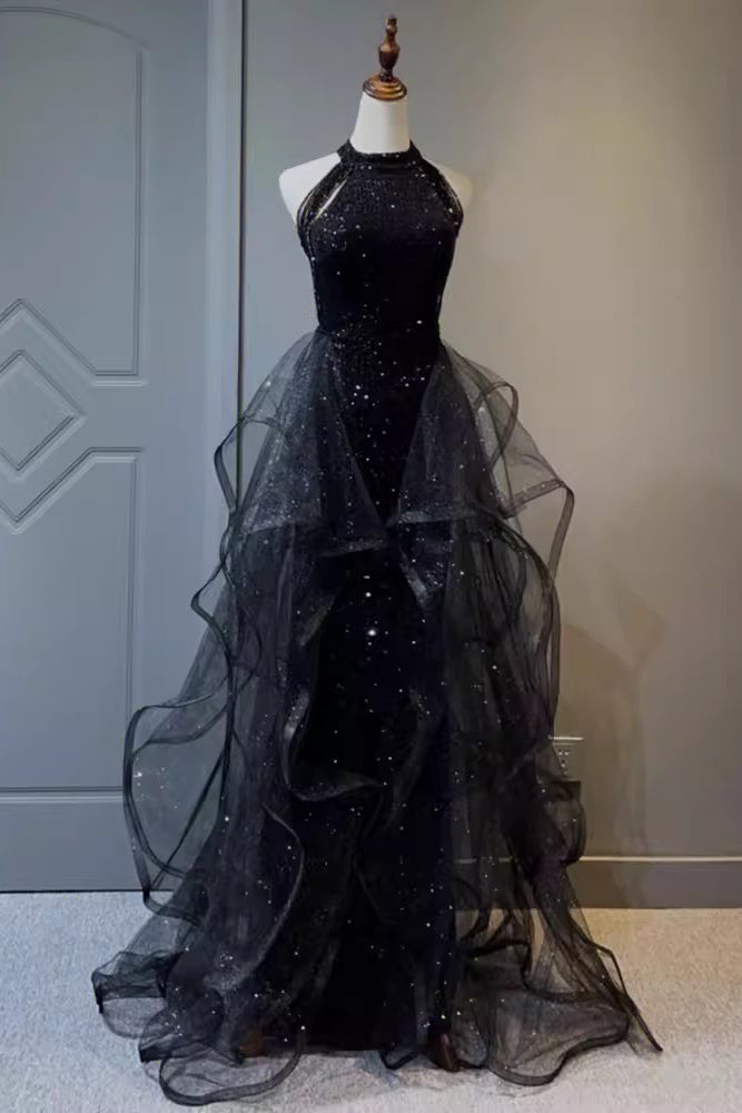 Sparkly Black Sleeveless Sequined Long Prom Dress with Ruffles, Mermaid Evening Gown UQP0313