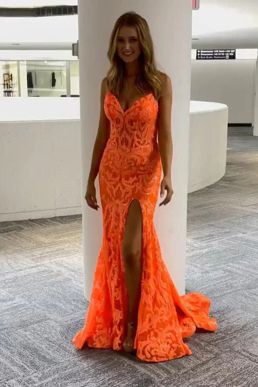 Spaghetti Straps Sparkly Evening Dress Orange Glitter Mermaid Prom Dre –  Simplepromdress