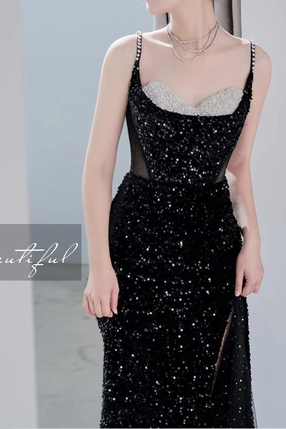 Black Mermaid Sequins Prom Dress Spaghetti Straps Sleeveless Beading Party Gown UQP0225