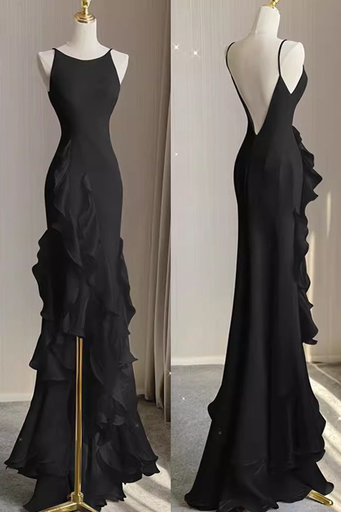 Simple Mermaid Prom Gown with Ruffles, Spaghetti Straps Backless Dress for Date UQW0107