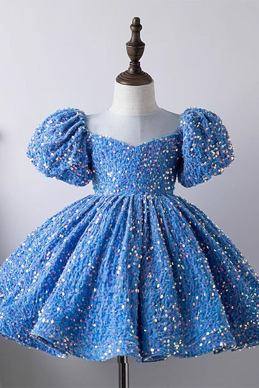 blue overall dress plus size Kids Light Blue Long Sleeve Sequin Party Dress TXD018 main image 1