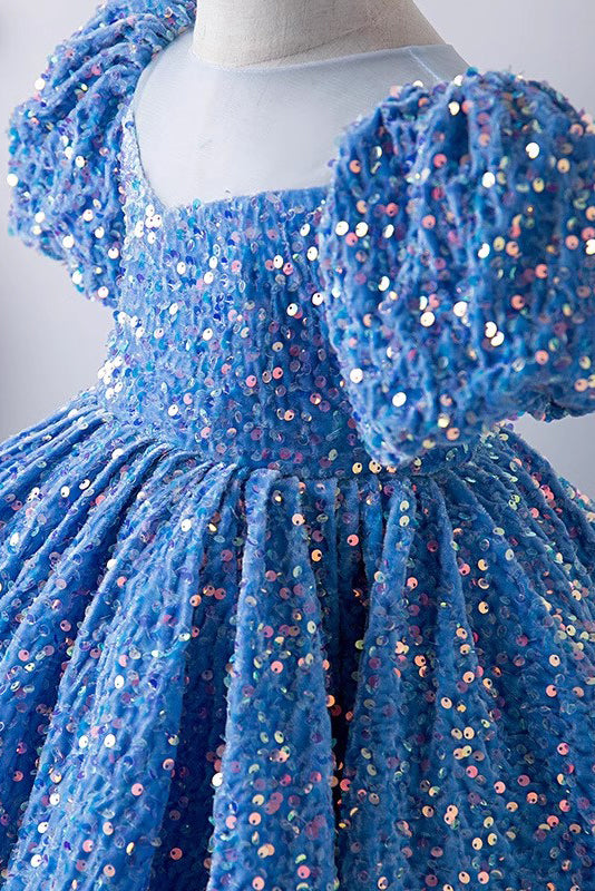 Blue Sequined Flower Girl Dress with Short Sleeves, Sparkly Children Dresses UQF0008
