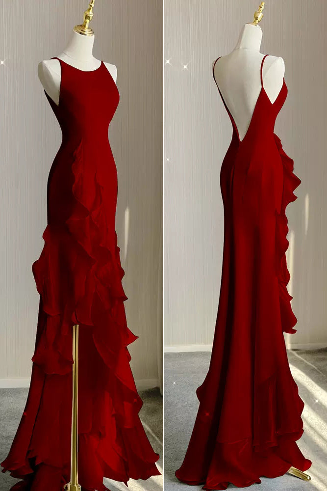 Simple Mermaid Prom Gown with Ruffles, Spaghetti Straps Backless Dress for Date UQW0107