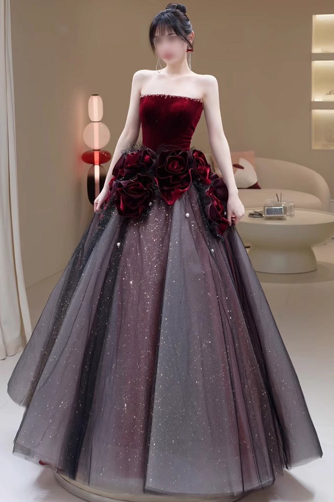 A Line Strapless Burgundy Sparkly Prom Dress with Flowers