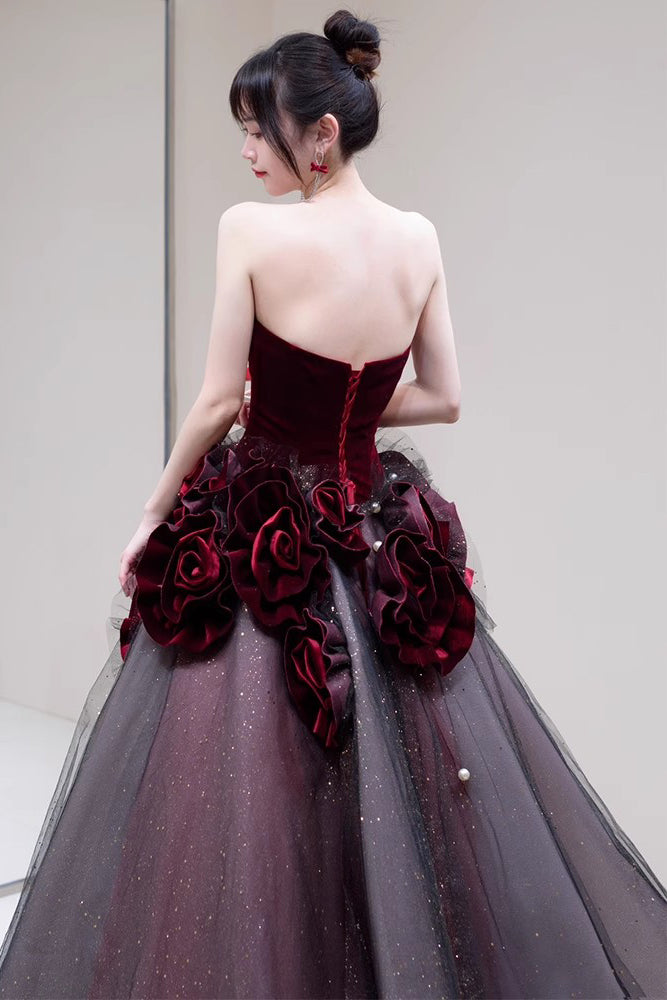 A Line Strapless Burgundy Sparkly Prom Dress with Flowers, Gorgeous Evening Gown UQP0245