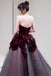 A Line Strapless Burgundy Sparkly Prom Dress with Flowers, Gorgeous Evening Gown UQP0245
