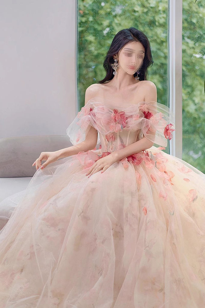 A Line Off the Shoulder Prom Dress with Flowers, Charming Tulle Party Gown UQP0227