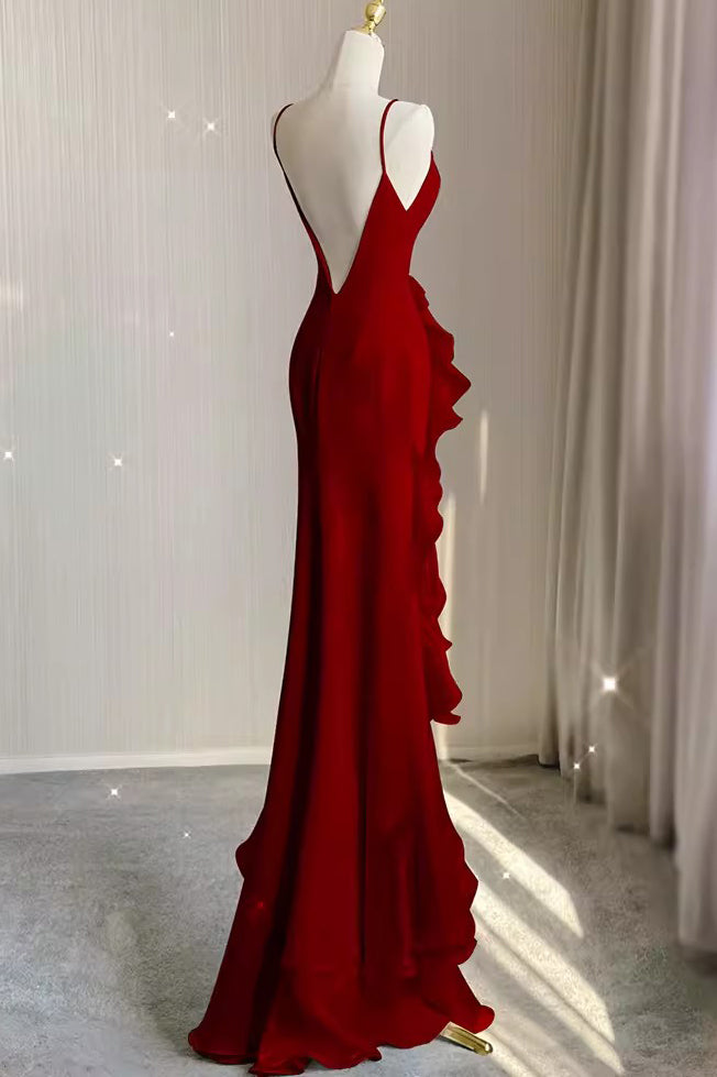 Simple Mermaid Prom Gown with Ruffles, Spaghetti Straps Backless Dress for Date UQW0107