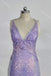 Purple V Neck Sequin Mermaid Prom Dress, Sparkly Party Gown with Lace Appliques UQP0241