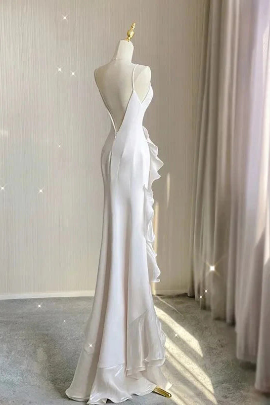 Simple Mermaid Prom Gown with Ruffles, Spaghetti Straps Backless Dress for Date UQW0107