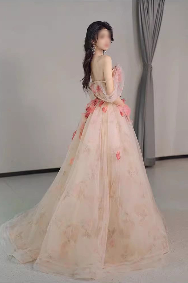 A Line Off the Shoulder Prom Dress with Flowers, Charming Tulle Party Gown UQP0227