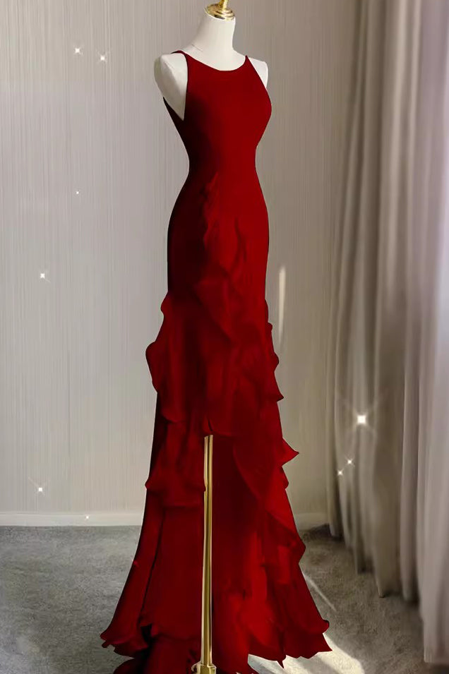 Simple Mermaid Prom Gown with Ruffles, Spaghetti Straps Backless Dress for Date UQW0107