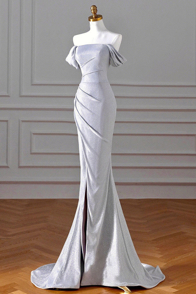 Sparkly Mermaid Silver Sequin Prom Dress, Off the Shoulder Evening Gown with Slit UQP0249