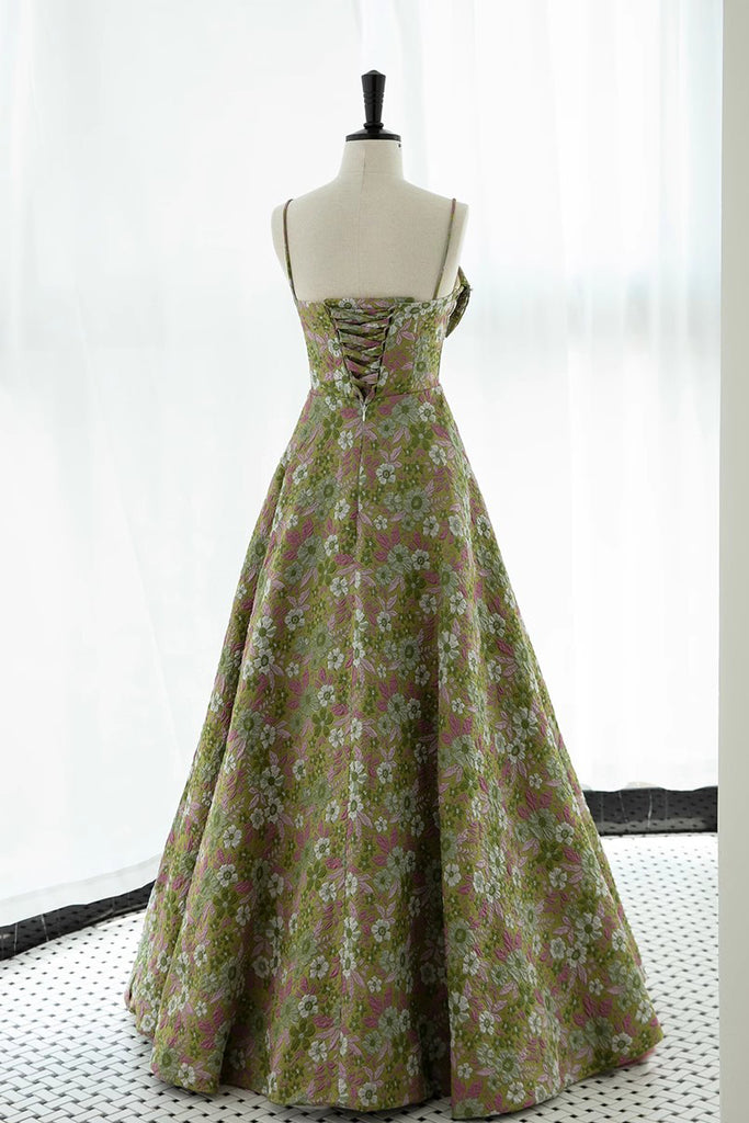 Green Spaghetti Straps Floral Long Prom Dress, Print A Line Party Gown UQP0223