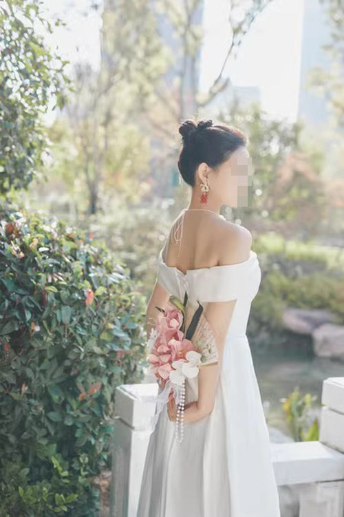 Ivory Off the Shoulder Long Prom Dress with Lace Up Back, A Line Formal Gown UQP0314