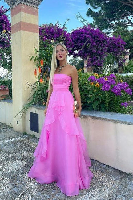 Hot Pink Strapless Organza Long Prom Dress, A Line Sleeveless Evening Uniquedresss Hot Pink Strapless Organza Long Prom Dress, A Line Sleeveless Evening Uniquedresss