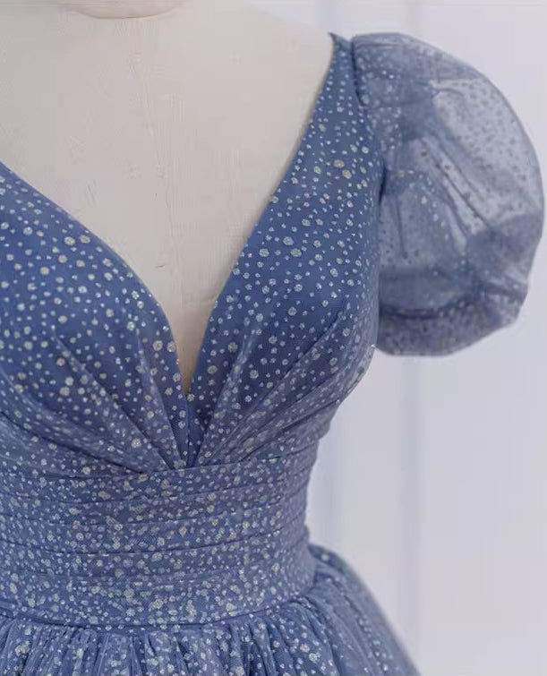 Princess V Neck Blue Long Prom Dress, Sparkly Tulle Quinceanera Dresses UQP0247