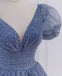 Princess V Neck Blue Long Prom Dress, Sparkly Tulle Quinceanera Dresses UQP0247