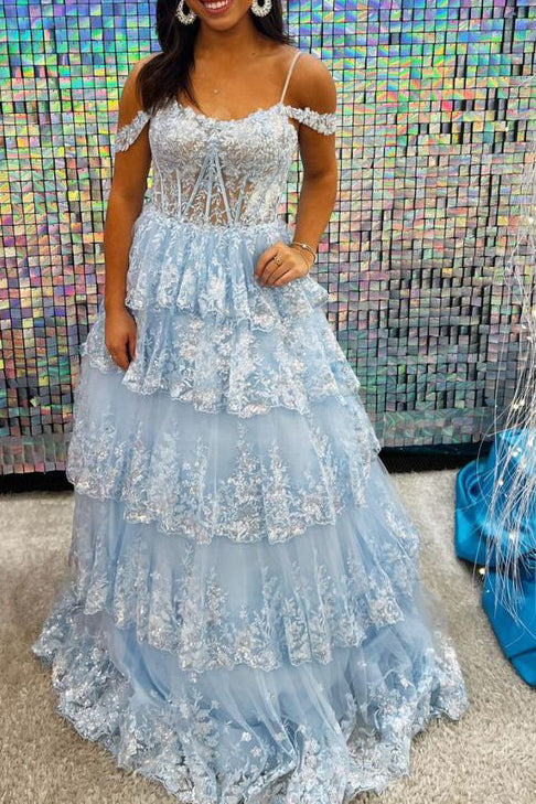 Royal Blue Spaghetti Straps Lace Appliques Long Prom Dress, Puffy Quin Uniquedresss Royal Blue Spaghetti Straps Lace Appliques Long Prom Dress, Puffy Quin Uniquedresss