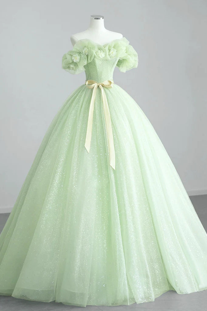 Mint Green Tulle Off the Shoulder Prom Gown with Flowers, Puffy Quince Uniquedresss Mint Green Tulle Off the Shoulder Prom Gown with Flowers, Puffy Quince Uniquedresss
