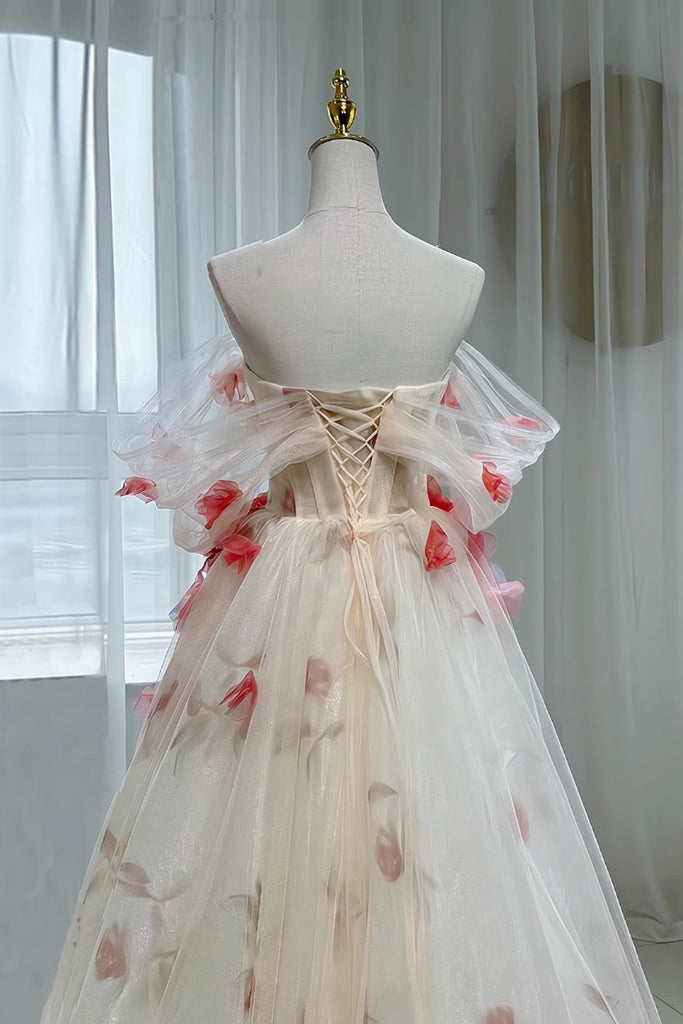A Line Off the Shoulder Prom Dress with Flowers, Charming Tulle Party Gown UQP0227