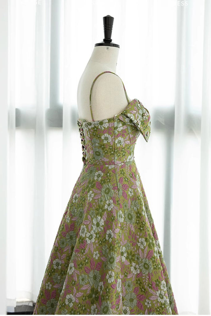 Green Spaghetti Straps Floral Long Prom Dress, Print A Line Party Gown UQP0223