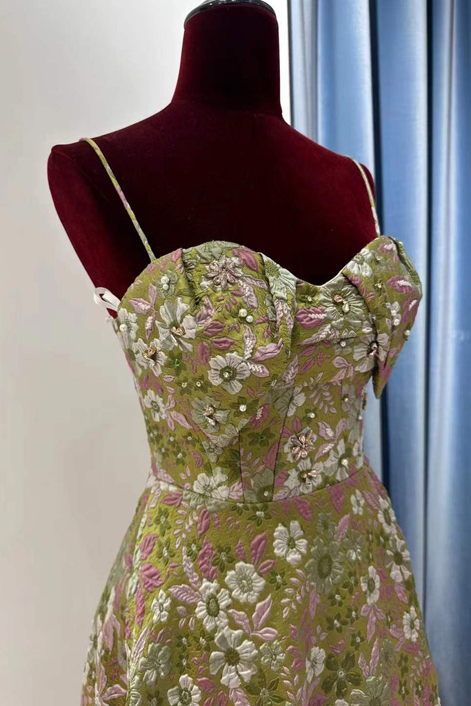 Green Spaghetti Straps Floral Long Prom Dress, Print A Line Party Gown UQP0223