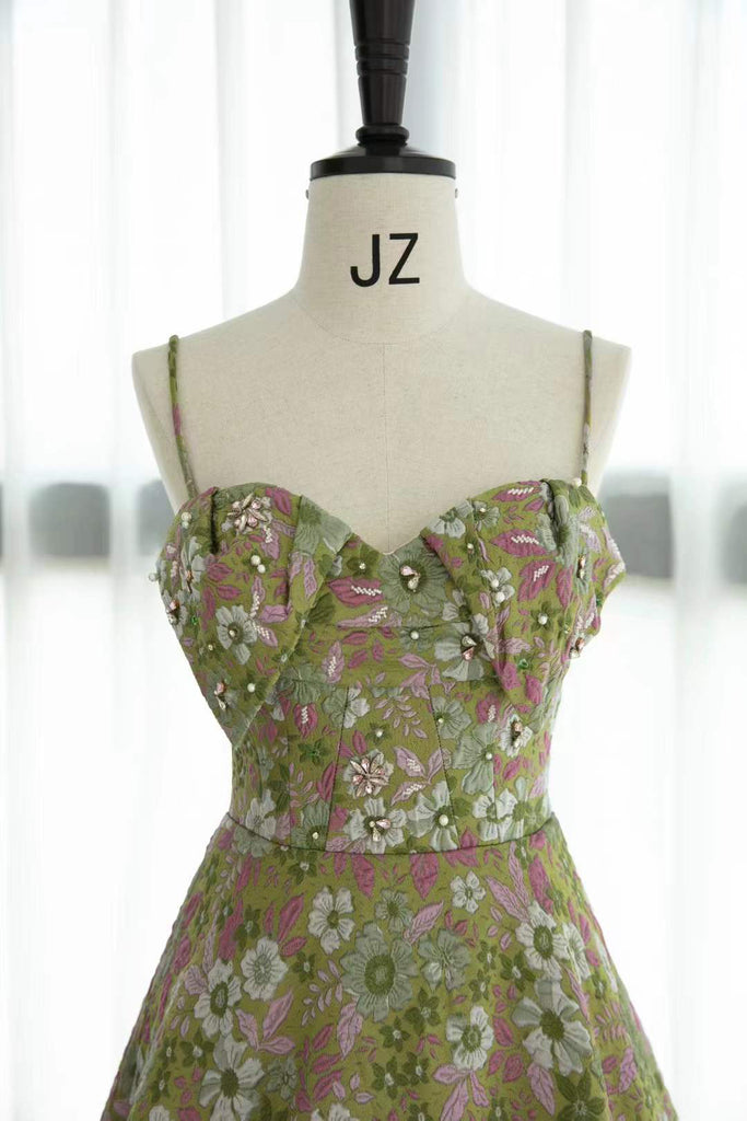 Green Spaghetti Straps Floral Long Prom Dress, Print A Line Party Gown UQP0223