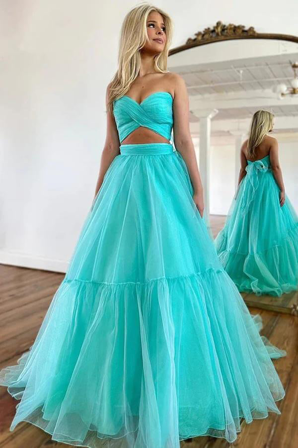 Aqua Two Pieces Tulle Prom Dress, A Line Sweetheart Neck Long Formal G Uniquedresss Aqua Two Pieces Tulle Prom Dress, A Line Sweetheart Neck Long Formal G Uniquedresss