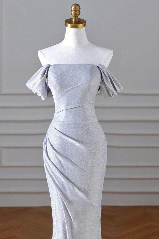 Sparkly Mermaid Silver Sequin Prom Dress, Off the Shoulder Evening Gown with Slit UQP0249