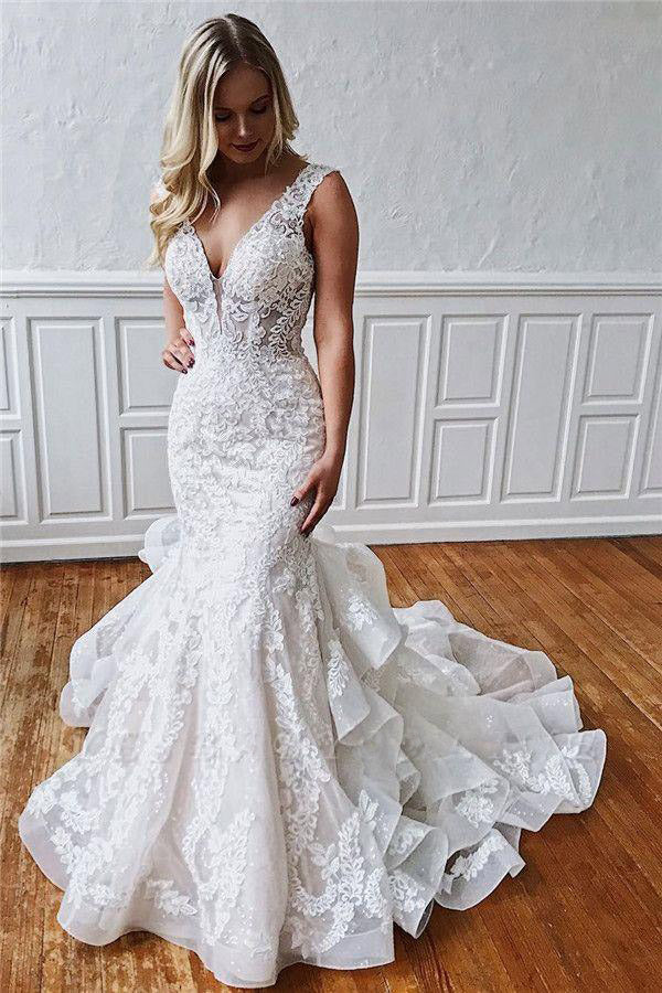 Ivory V-neck Sleeveless Glamorous Straps Ruffled Lace Mermaid Wedding Dresses UQW0022