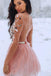 A Line Blush Pink Long Sleeve Homecoming Dresses 3D Flowers Beaded Short Prom Dresses UQH0051
